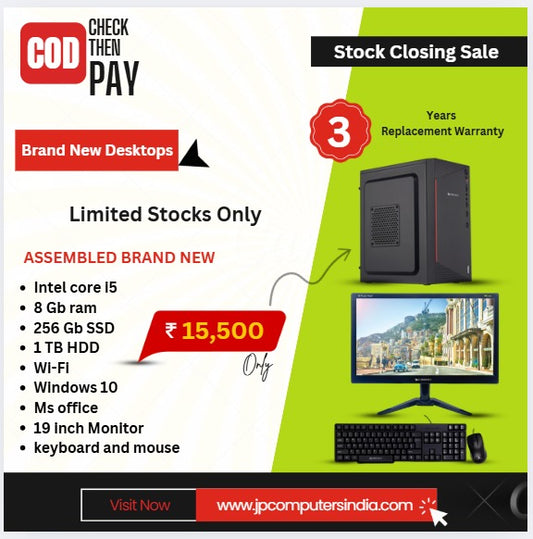 Brand New | intel core I5 | 8 GB Ram | 256 GB SSD | 1 TB Hard disk | Wifi | Windows 10 | Ms Office | 19 inch Moniter | Keyboard and Mouse - 3 YEARS REPLACEMENT WARRANTY